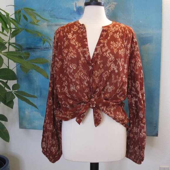 FREE PEOPLE Rust Print Button Down Shirt Blouse - Picture 1 of 11